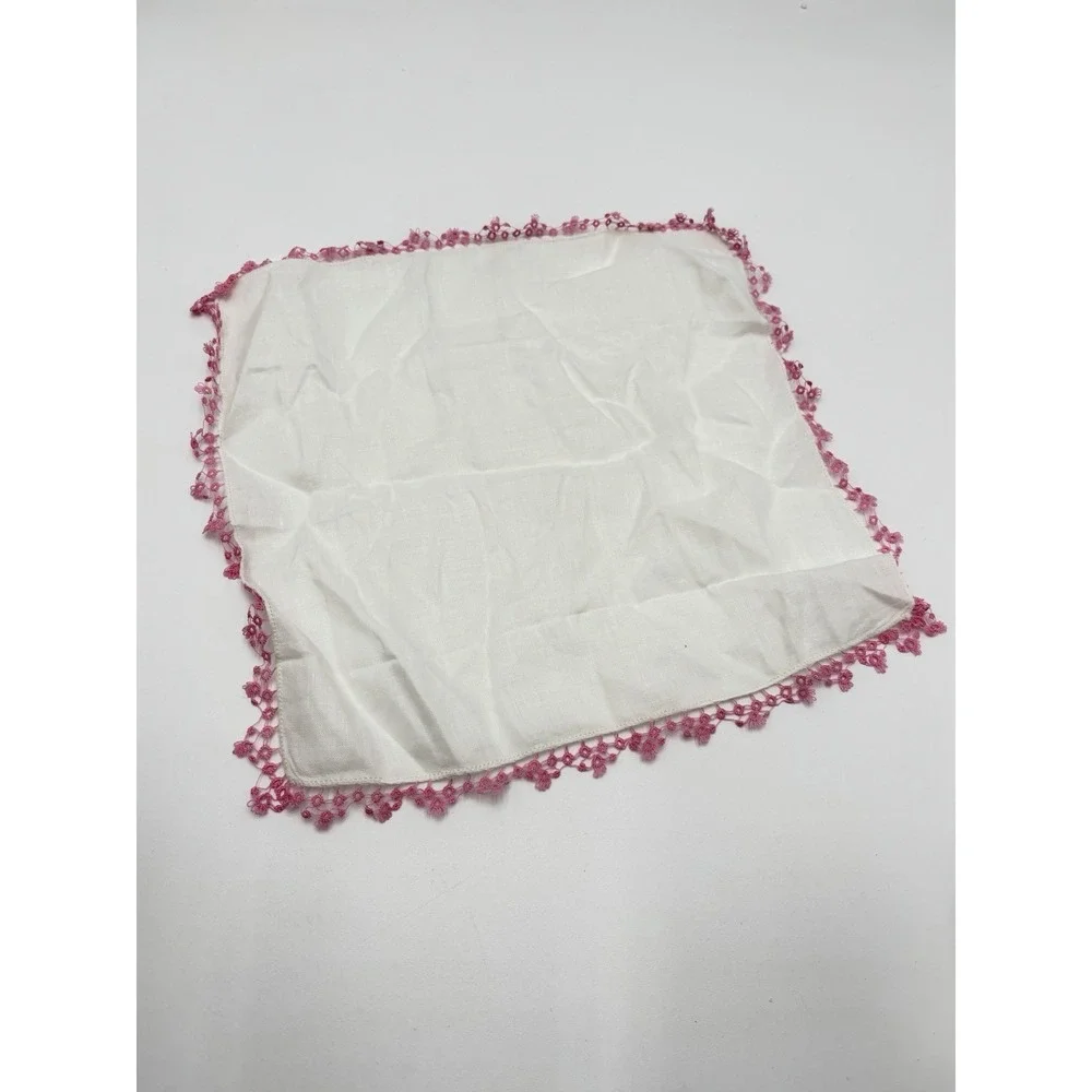 Vintage Linen Handkerchief Set 2 Tatting Lace Trim Pink Yellow Wedding Hankies